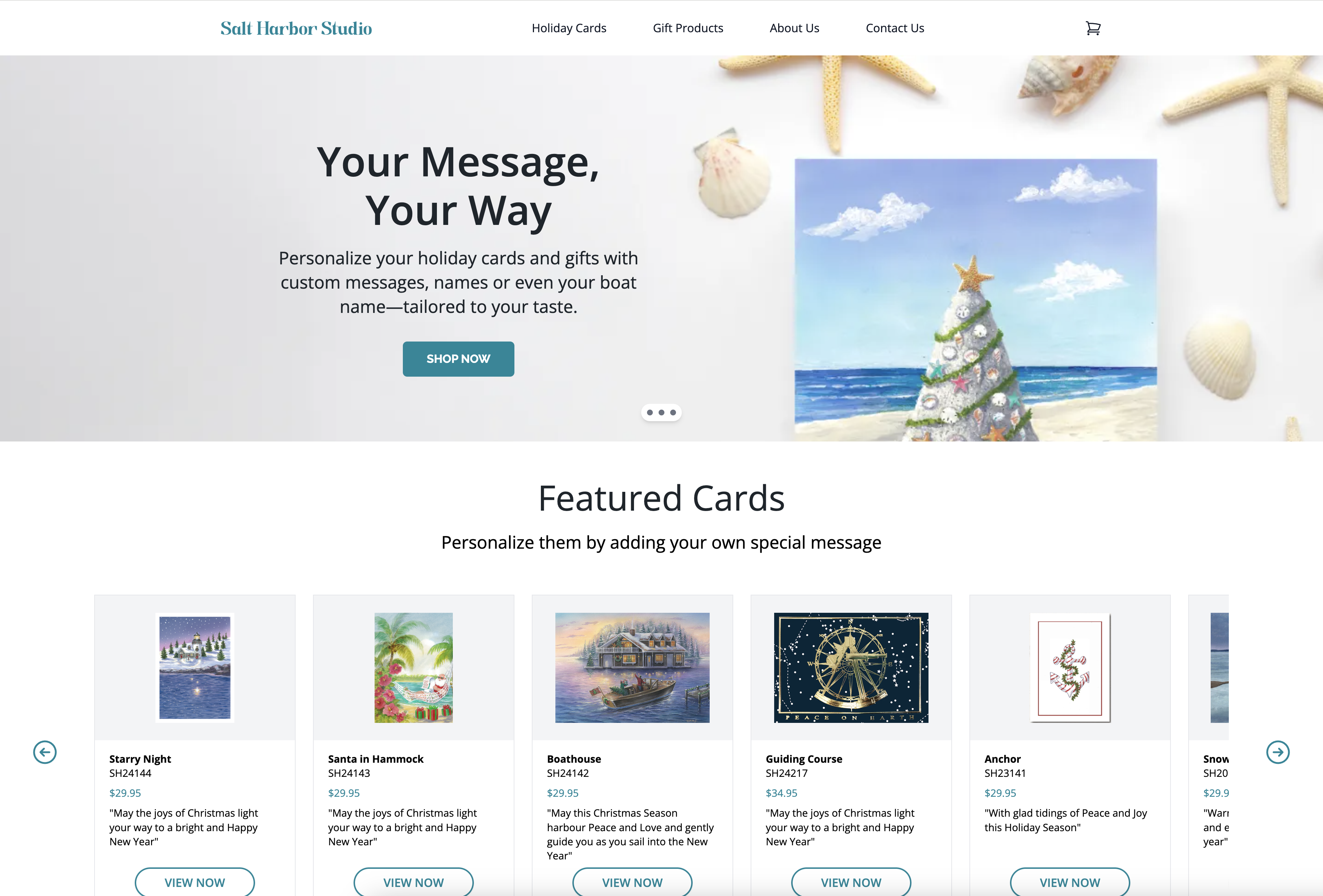 Salt Harbor Studio new homepage showcasing personalized holiday cards with nautical themes, featuring a beach-themed Christmas tree and shells for SEO in holiday card designs.